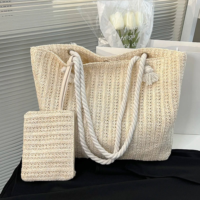 Designer Women’s Straw Tote | Sophisticated Large Capacity Beach Bag | Elegant Casual Bali-Inspired Purse | Luxury "Dignified" Woven Straw Handbag with Secure Hasp Closure Luxegan