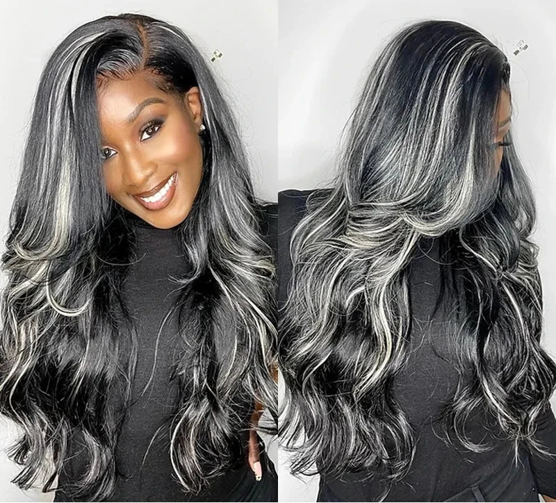 Platinum Blonde & Gray Highlight Body Wave HD Lace Wig | Sophisticated 13x4 Frontal & 5x7 Closure | Elegant "Peruvian Remy" 26-40 Inch Length | "Dignified" High-Density Human Hair for Radiant Versatile Styling Luxegan