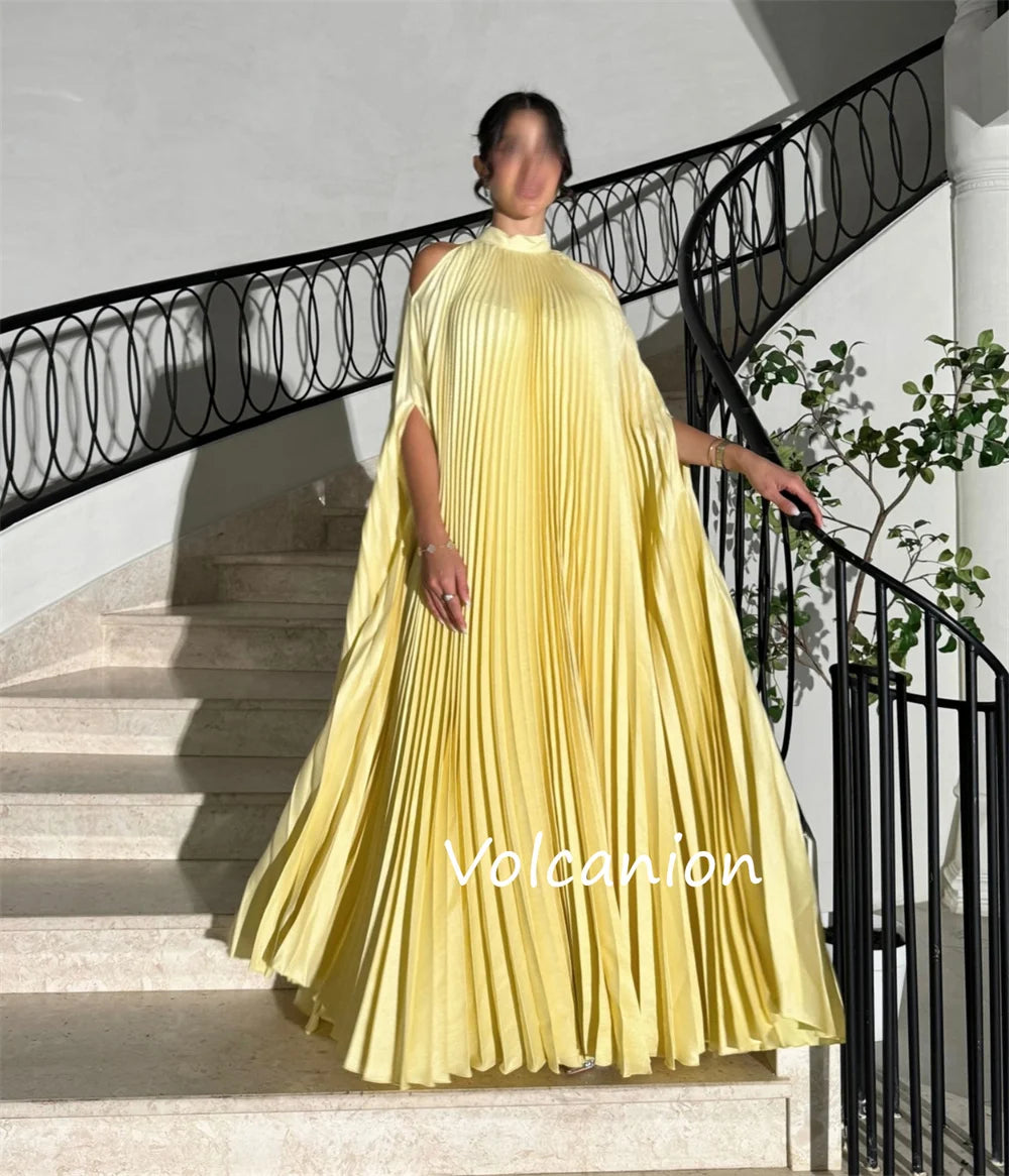 Pleated High Neck Off-the-Shoulder Half Sleeve A-Line Floor-Length Dress – Polyester Jersey, Natural Waist, Built-In Bra Luxegan