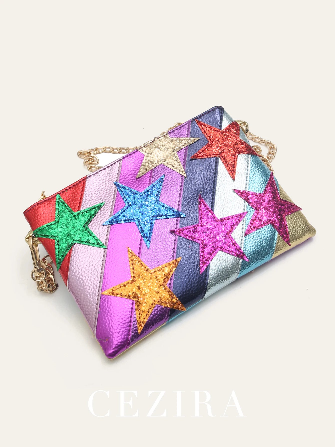 Fashion Women’s Metallic PU Leather Square Clutch | Funky Stars & Colorful Stripes Shoulder Bag | Trendy Patchwork Party Handbag with Chain Strap | Statement Prom & Date Night Purse (Model CRP-2402031) Luxegan