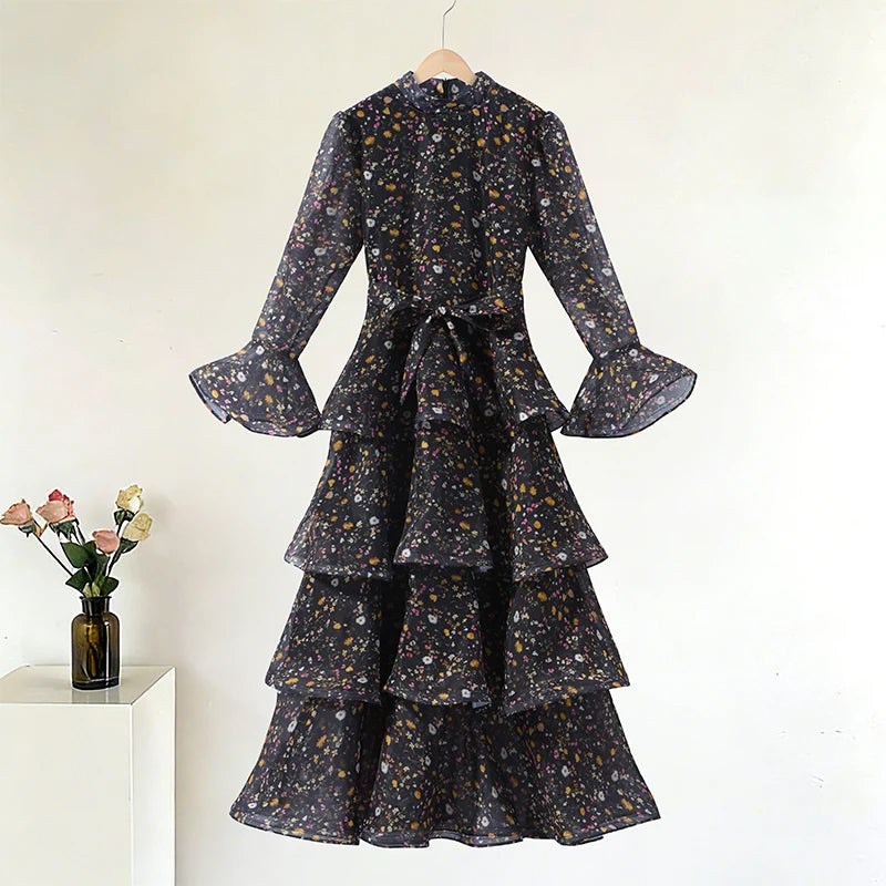 Hand-Painted Floral Print Round Neck Long Sleeve Loose Fit Maxi Dress – Natural Waist, Spring/Summer Luxegan