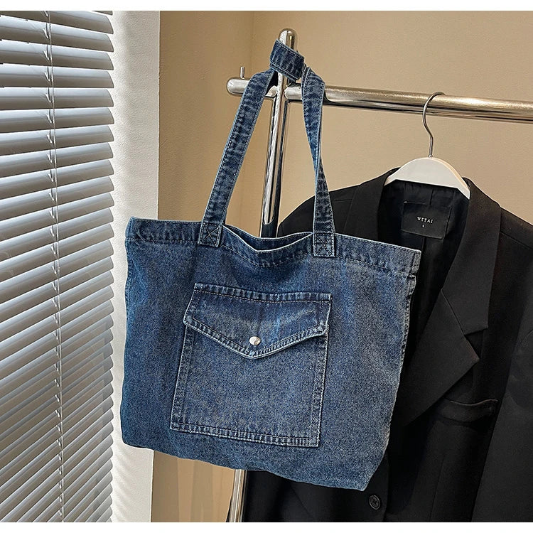 Fashion Luxury Women’s Denim Shoulder Bag | High-Quality Fabric Large Capacity Tote | Sophisticated Multi-Functional Handbag | Fashion-Forward Square Denim Crossbody with Exterior Flap Pocket Luxegan