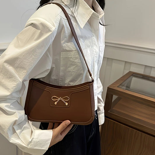 Elegant Solid Color Bowknot Shoulder Bag | Sophisticated Small Square Handbag for Women | Fashion-Forward Sequined Underarm Bag | Trendy PU Leather Casual Tote with Versatile Single Strap Luxegan