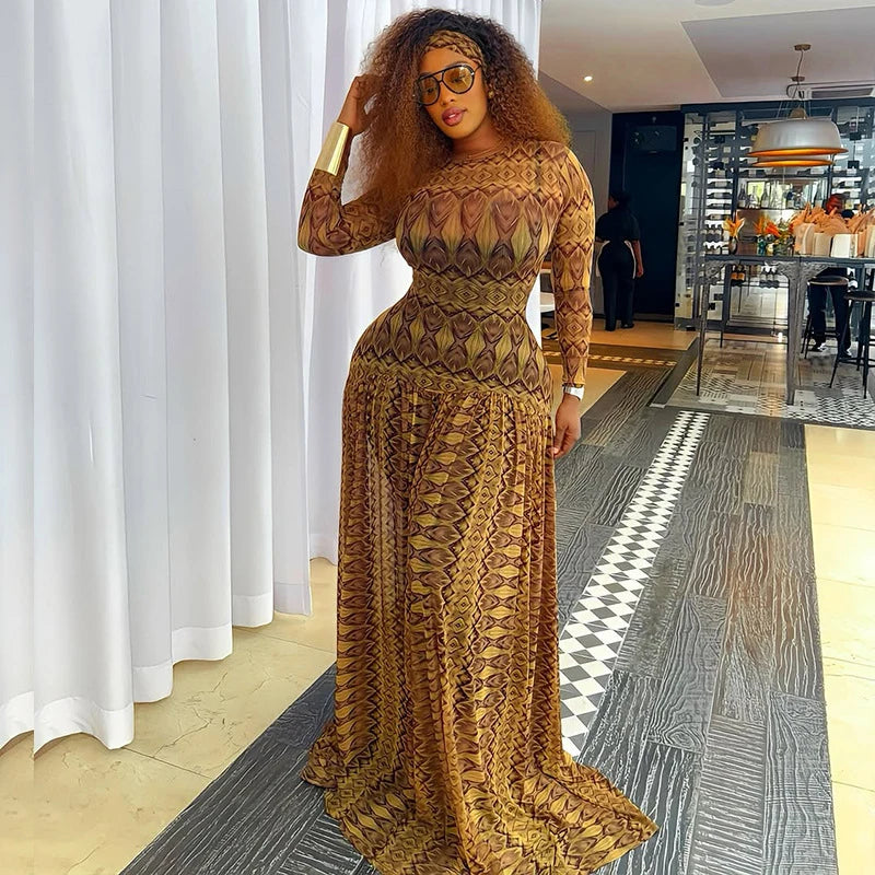 Vintage Printed Sexy See Through Mesh Women Dress Long Sleeve O Neck Slim Waist Big Hem Long Maxi Dress