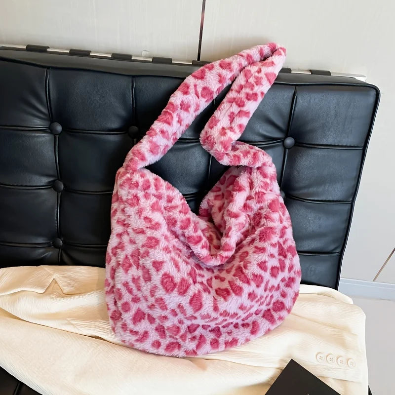 Cute Japanese Plush Fur Commuter Shoulder Tote Bag | Large Capacity Leopard & Polka Dot Pattern Flannel Handbag for Women Luxegan