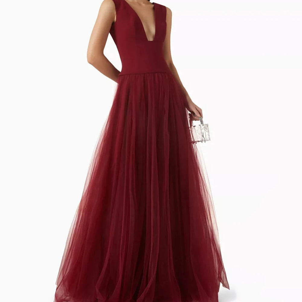  Draped Backless A-Line Prom Dress | V-Neck Sleeveless Floor-Length Evening Gown Luxegan