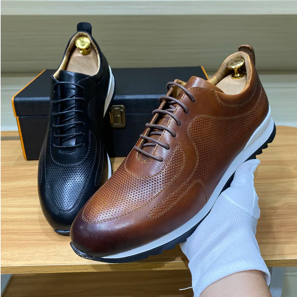 Luxury Men's Genuine Cow Leather Sneakers | Sophisticated Lace-Up Oxford Casual Shoes | Elegant "Handmade Stitching" Silhouette | "Dignified" Breathable Street Travel Footwear for Radiant Versatile Styling Luxegan