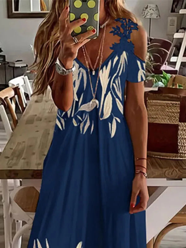 Floral V-Neck Spaghetti Strap Lace Detail Regular Fit A-Line Ankle-Length Dress – Brocade, Medium Stretch, Summer Luxegan