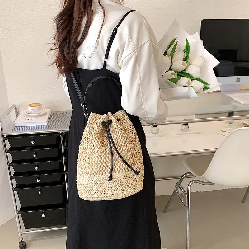 Simple Straw Bucket Bag for Women | Woven Handmade Shoulder Bag & Drawstring Crossbody Bag (Rattan Beach Bag for Girls & Travel Purse) Luxegan