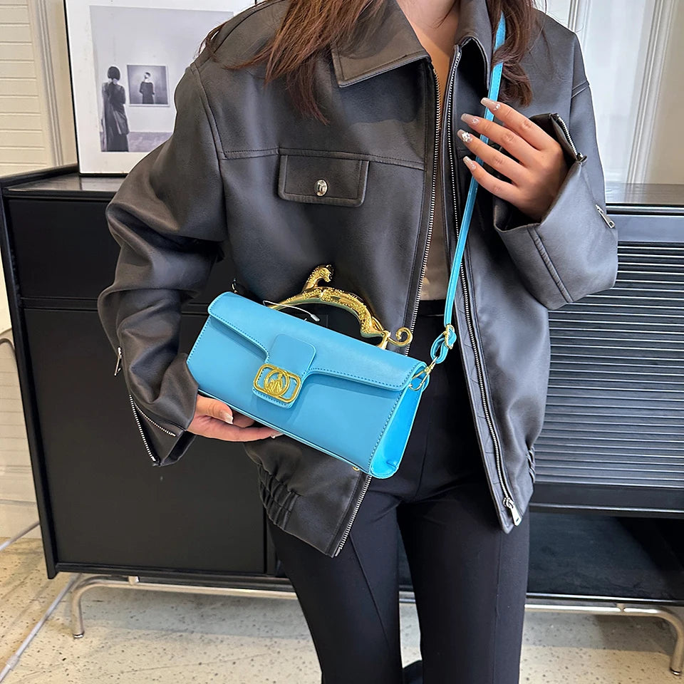 New Ladies Simple Fashion Shoulder Bag | Luxury Brand Design PU Leather Baguette | Metal Buckle Party & Commuting Bag Luxegan