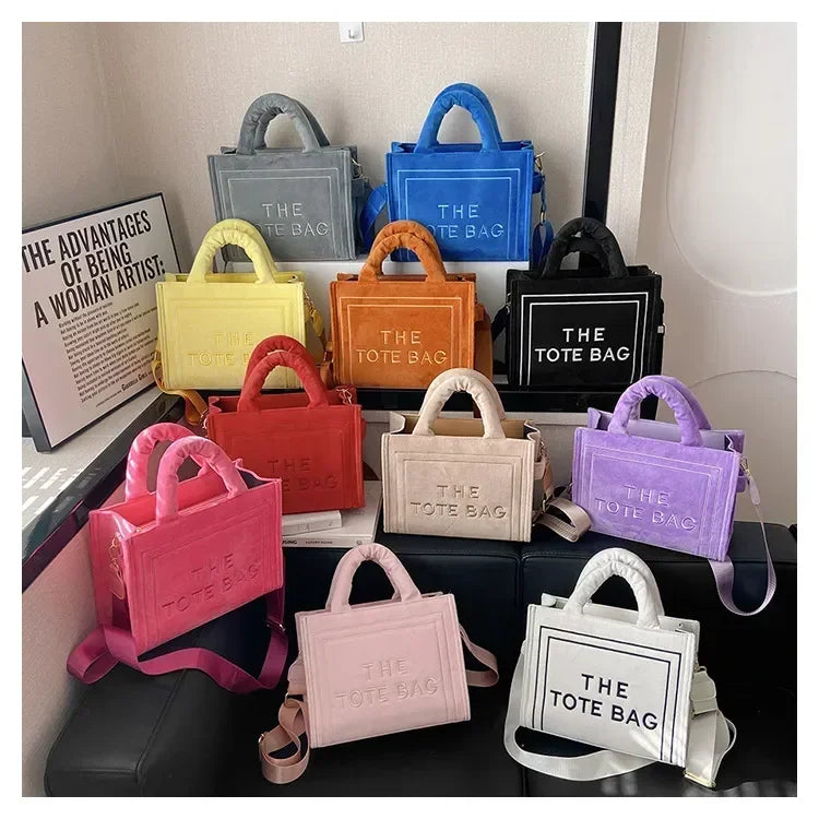 Aesthetic Velour Square Tote Bag | Elegant Letter Print Ladies Shoulder Bag | Sophisticated Felt & Velour Crossbody | Women’s Charisma Top-Handle Handbag with Interior Cell Phone Pocket Luxegan