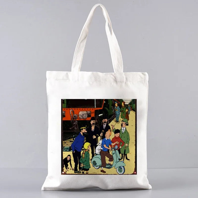 Soft Tintin Cartoon Canvas Large Capacity Tote | Open-Top Shopping Bag Luxegan