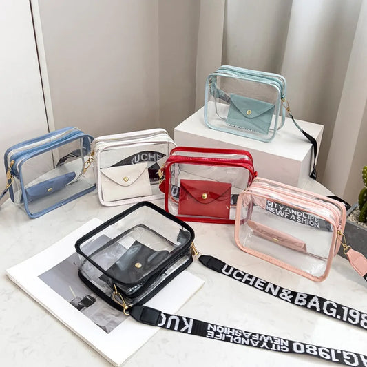 Transparent Crossbody Bag for Women | Candy Color Letter Fashion Shoulder Bag & PVC Transparent Jelly Bag (Small Square Bag) Luxegan