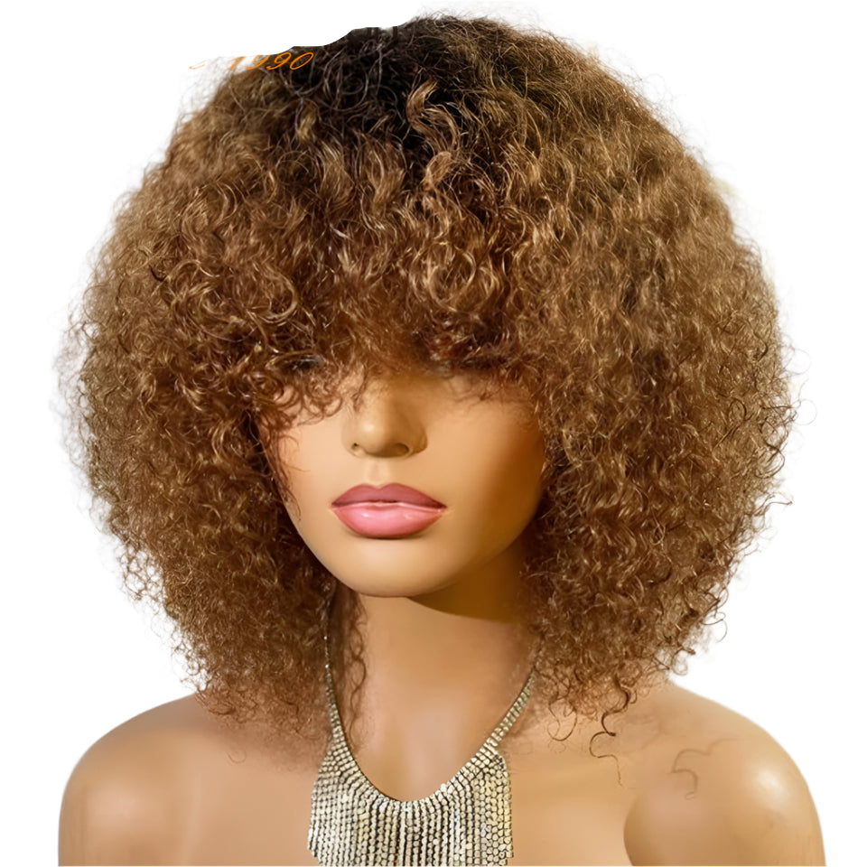 Highlight Honey Blonde Jerry Curly Pixie Bob Wig with Bangs | Full Machine Made Human Hair Luxegan