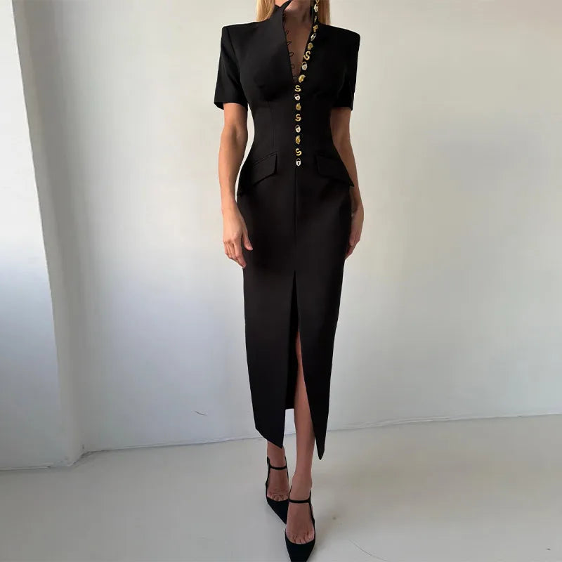 Elegant Solid Buttons Long Dress Women Waist Cinched Shoulder Pads High Collar Slit Dresses 2026 Spring Summer Lady Party Robes