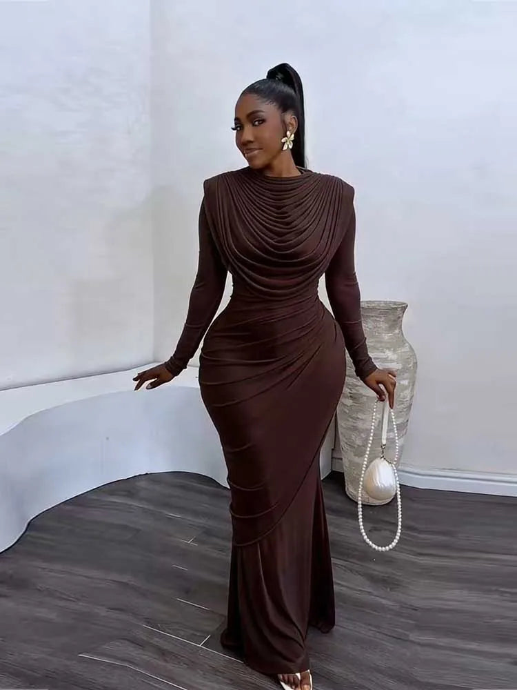 Solid Round Neck Long Sleeve Draped Detail Regular Fit Sheath Ankle-Length Mesh Dress – Natural Waist, Spring/Summer Luxegan