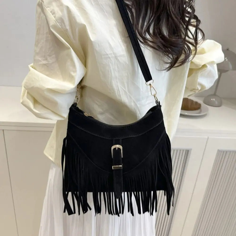 Casual Korean Tassel Shoulder Bag | Solid Color Suede & PU Leather Underarm Pack | Ethnic Bohemian Style Travel Handbag (Women) Luxegan
