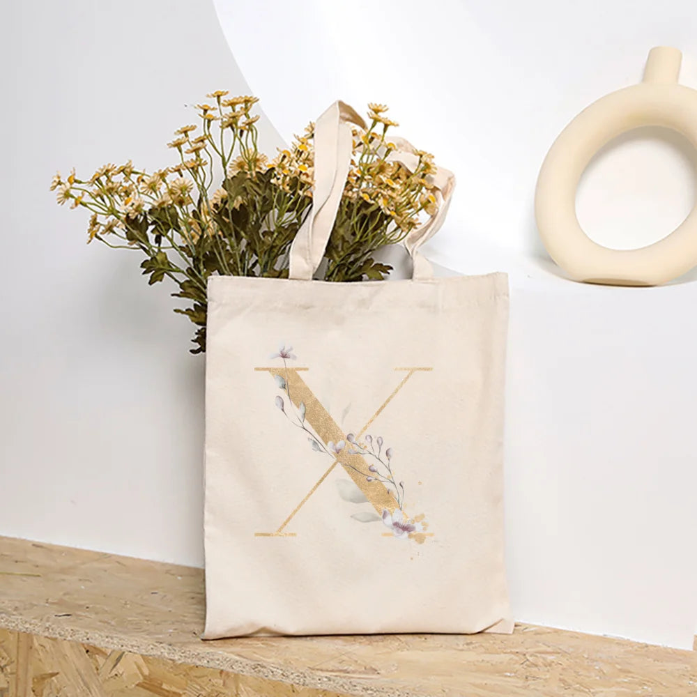 Leaves Plant Initial Print Canvas Tote Bag | Reusable Summer Beach & Shopping Handbag with Hasp Closure Luxegan
