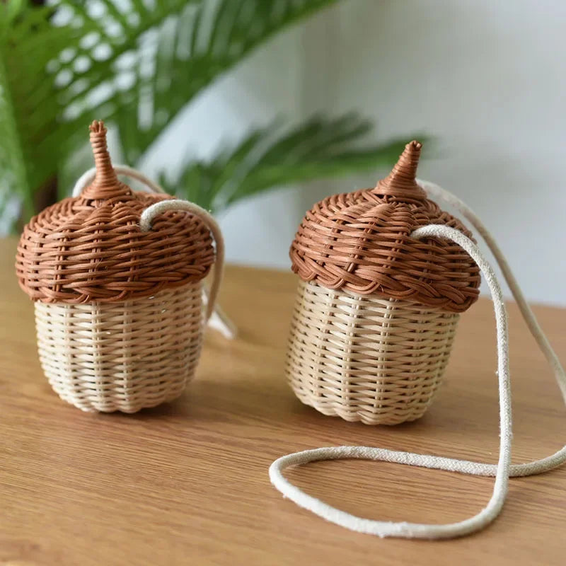 Acorn-shaped Woven Shoulder Bag | Tropical Beach Style Rattan Tote & Photo Prop Luxegan 