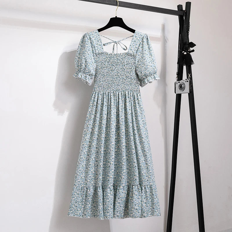 Women's Printed Chiffon Short-Sleeve Dress | Elastic-Waist Pleated A-Line Summer Dress | Slash-Neck Knee-Length Casual Slim-Fit Gown Luxegan
