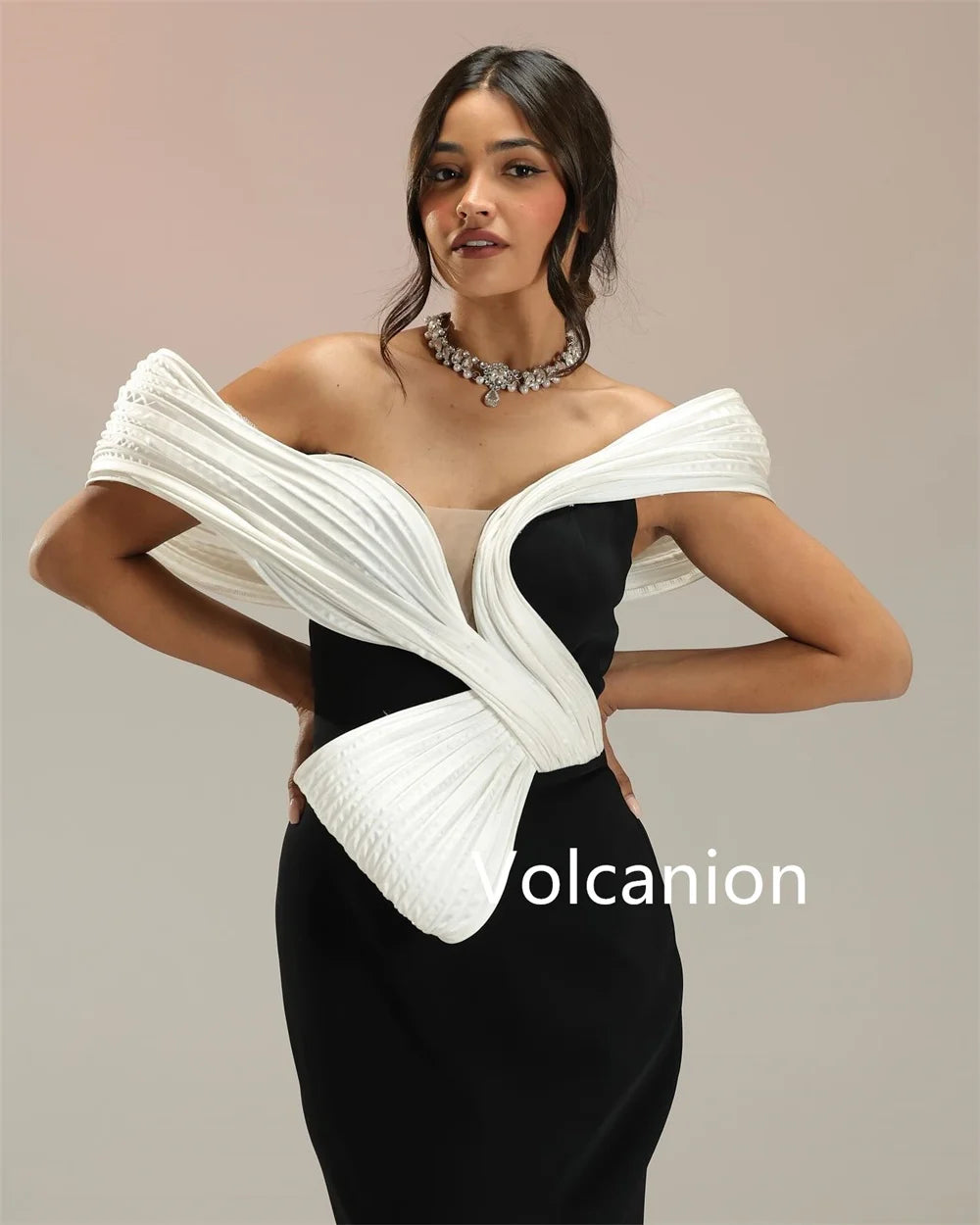Pleated Off-the-Shoulder Short Sleeve Straight Floor-Length Formal Evening Dress – Polyester Jersey, Built-In Bra, Natural Waist Luxegan