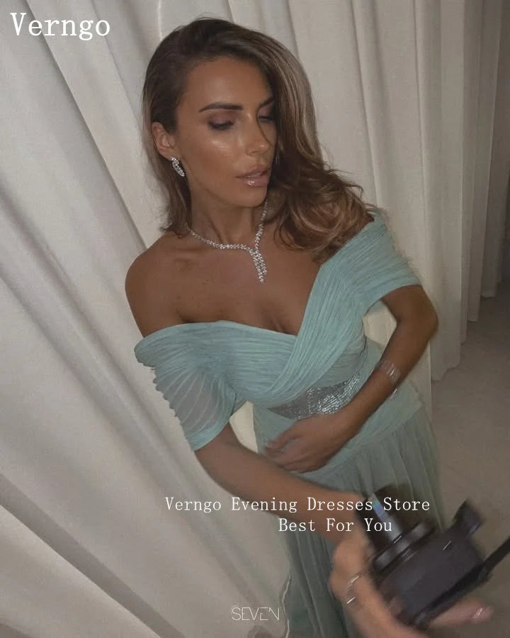 Verngo Blue Chiffon Evening Dress Off The Shoulder Mermaid Formal Occasion Dress Saudi Arabia Prom Gowns Customized