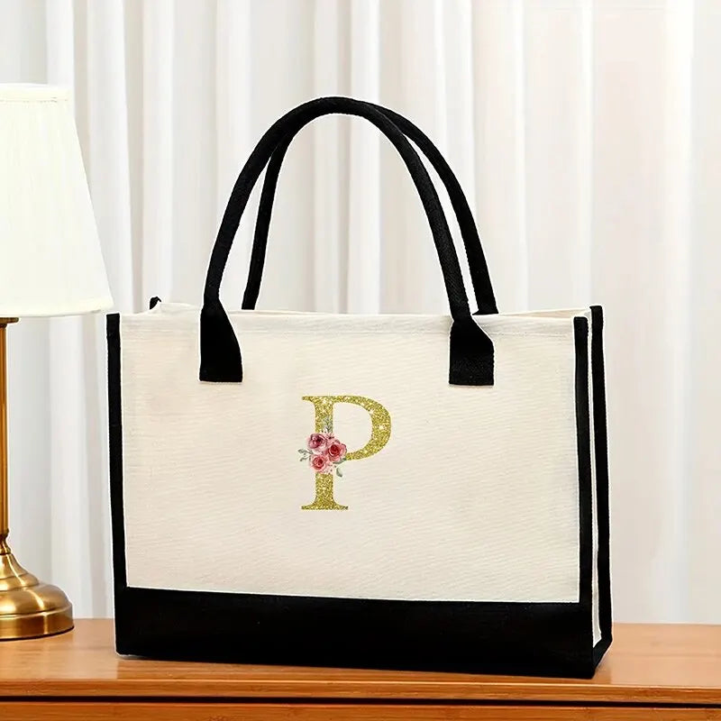 Canvas Gold Letter Fashion Tote Bag | Trendy Metallic Initial Handbag | Large Capacity Canvas Shopping Bag & Daily Satchel for Women Luxegan