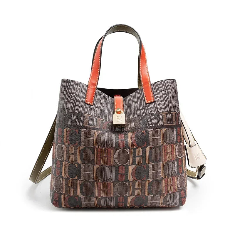 Exquisite Flower Printed Women's Large Capacity Handbag | Luxury Floral Messenger Bag with Applique Details | Fashion Design PVC Leather Bucket Bag Luxegan