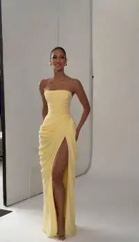 Pleated Strapless Off-Shoulder Backless Maxi Gown | High Waist Split Sexy Solid Evening Party Dress Luxegan