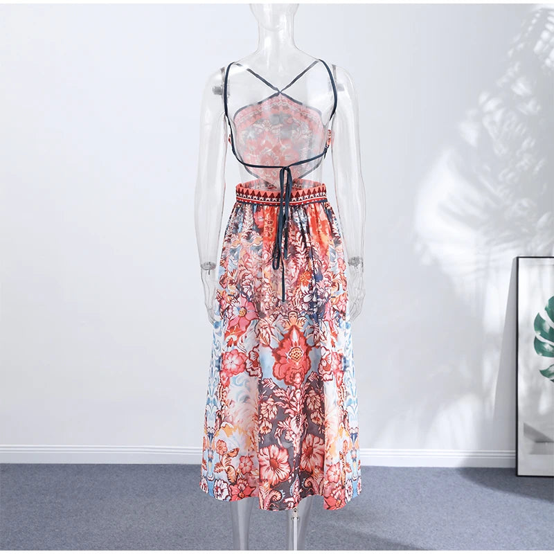 Floral Print V-Neck Sleeveless Slim Fit A-Line Floor-Length Dress – Empire Waist, All Season Luxegan