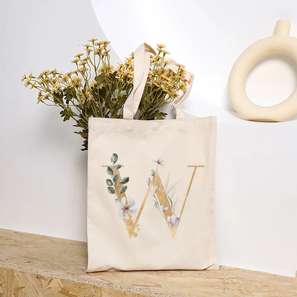 Leaves Plant Initial Print Canvas Tote Bag | Reusable Summer Beach & Shopping Handbag with Hasp Closure Luxegan
