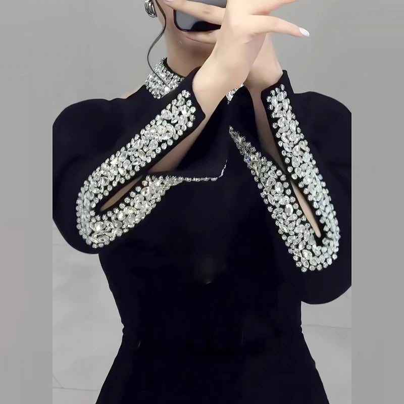 Elegant Solid High Slit Party Dress Temperament Long Sleeve Slim Evening Gala Dress Turtleneck Rhinestone Banquet Dress Women