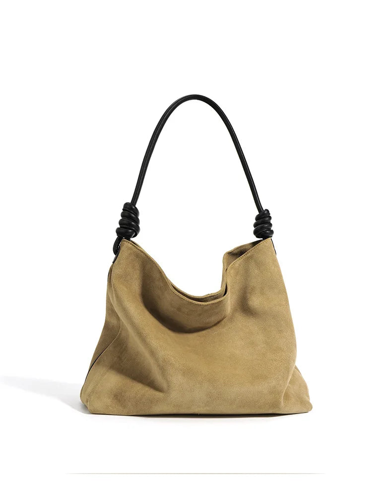 All-Match Chamois Matte Suede Cowhide Leather Tote | Large Capacity Designer Maillard Dressing Coffee Winter Ladies Handbag Luxegan