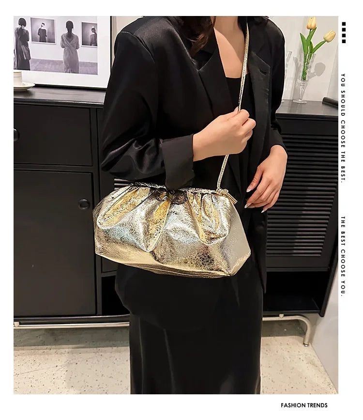 Small Luxury Design Women's Leather Silver Cloud Bag | Gold Crossbody & Ladies Party Clutch Purse (Sequined, Ruched Handbag) Luxegan