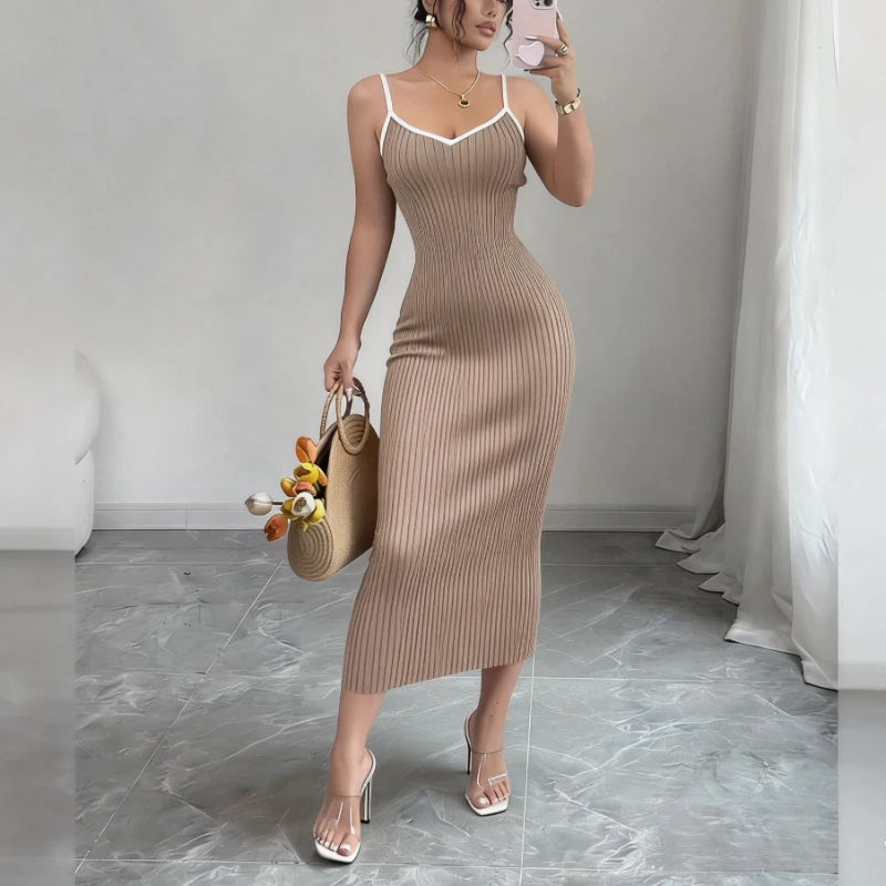 Solid V-Neck Spaghetti Strap Sleeveless Regular Fit Sheath Mid-Calf Dress – Empire Waist, High-Stretch Knit, Summer Luxegan