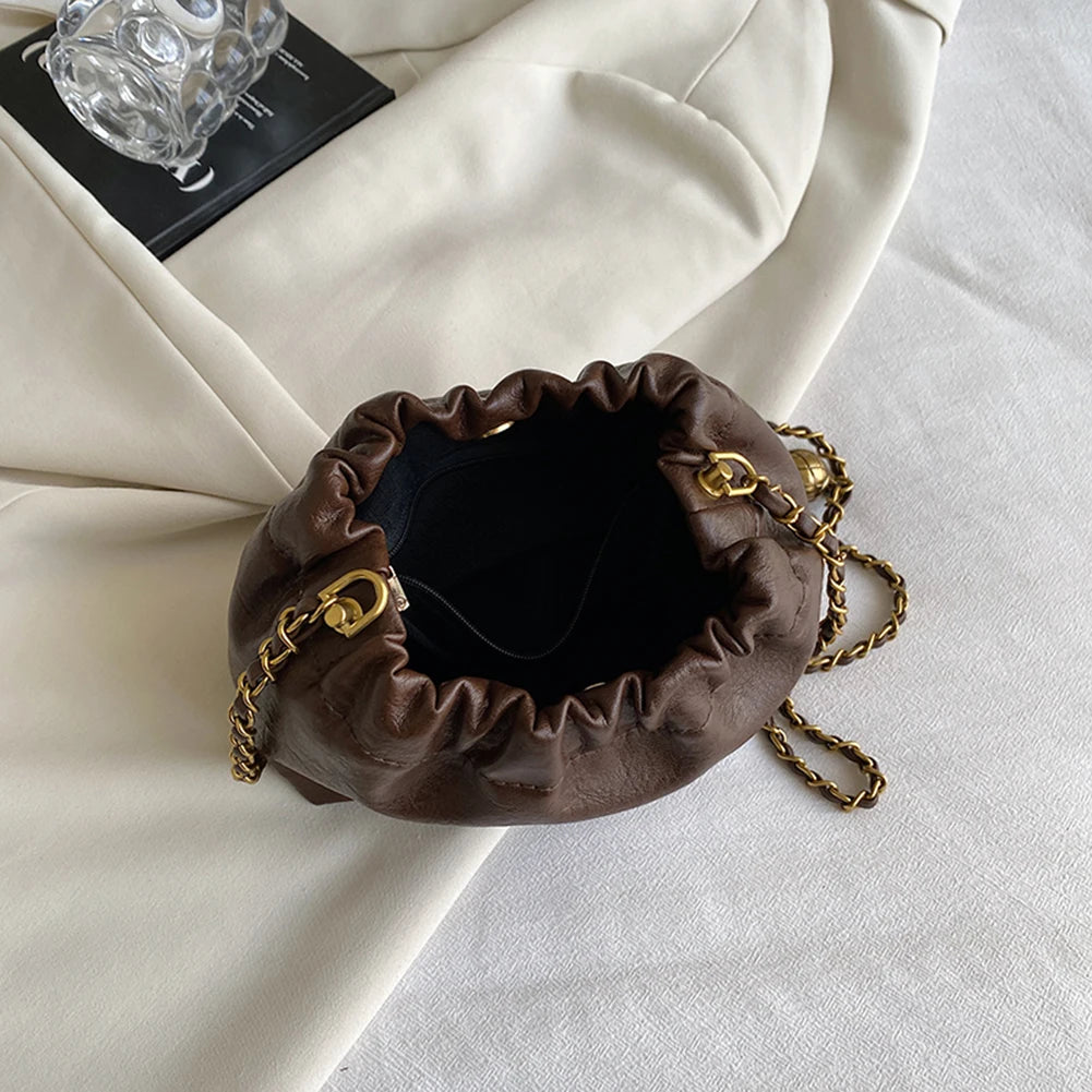 PU Leather Solid Hobo Bag | Soft Fashion Chain Pleated Crossbody Tote Luxegan