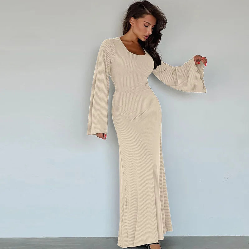 Long Flare Sleeved Maxi Floor-Length Dress | Summer Solid Color Casual Office Lady Dress | Premium High-Stretch Slim Fit Lace-Up Vestido | Elegant O-Neck Empire Waist Spring/Summer Long Gown Luxegan