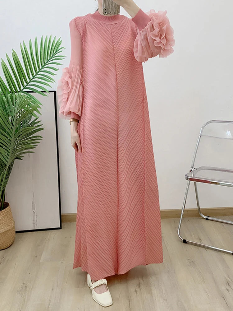 Pleated Lettuce Hem Maxi Dress | Turtleneck Full Sleeve Loose A-Line Casual Dress Luxegan
