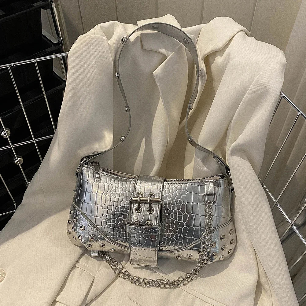 Fashion Women's Y2K Armpit Bag | Luxury Design Pleated Underarm Bag (Solid Color Shoulder Messenger Hobo Handbag with Chains & Rivets) Luxegan