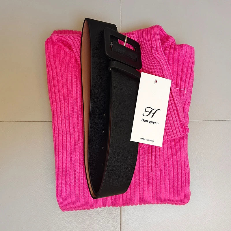 Turtleneck Knit Bodycon Midi Dress with Belt | Long Sleeve Pencil Sweater Dress Luxegan