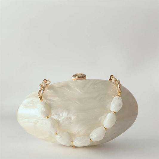 Oval Marble Beige Shell Acrylic Luxury Elegant Lady Evening Bag | Cute Handbag & Wedding Girl Female Mini Purse Luxegan