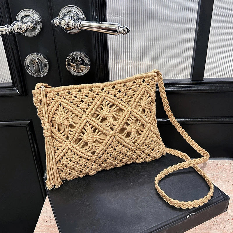 Designer Hollow Out Woven Straw Bag | Fashion Bohemian Summer Crossbody & Shoulder Bag with Tassels Luxegan