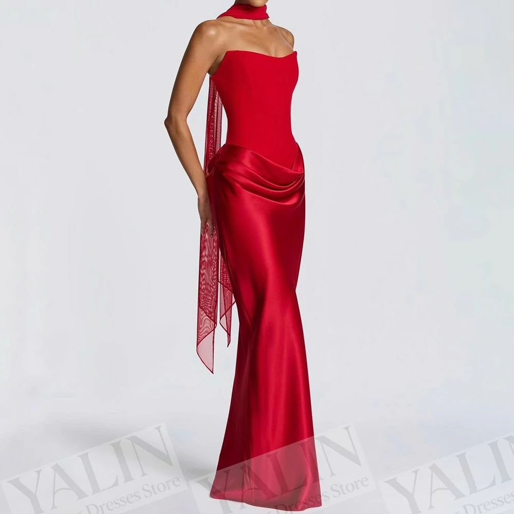 Backless Lace-Up Stole Straight Evening Gown | Strapless Sleeveless Floor-Length Prom Dress Luxegan