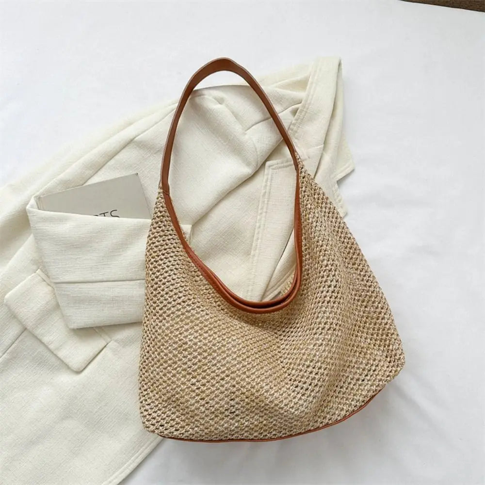 Casual Woven Straw Bucket Bag | Large Capacity Underarm Shoulder Bag | Women’s Fashion Solid Color Tote | Minimalist Summer Weave Handbag Luxegan