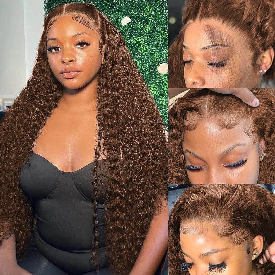 34-Inch Highlight Jerry Curly HD Lace Frontal Wig | Sophisticated 250% Density 13x4 Transparent Lace | Elegant "Chocolate Brown" Highlighted Silhouette | "Dignified" Pre-Plucked Deep Wave Human Hair for Radiant Versatile Styling Luxegan