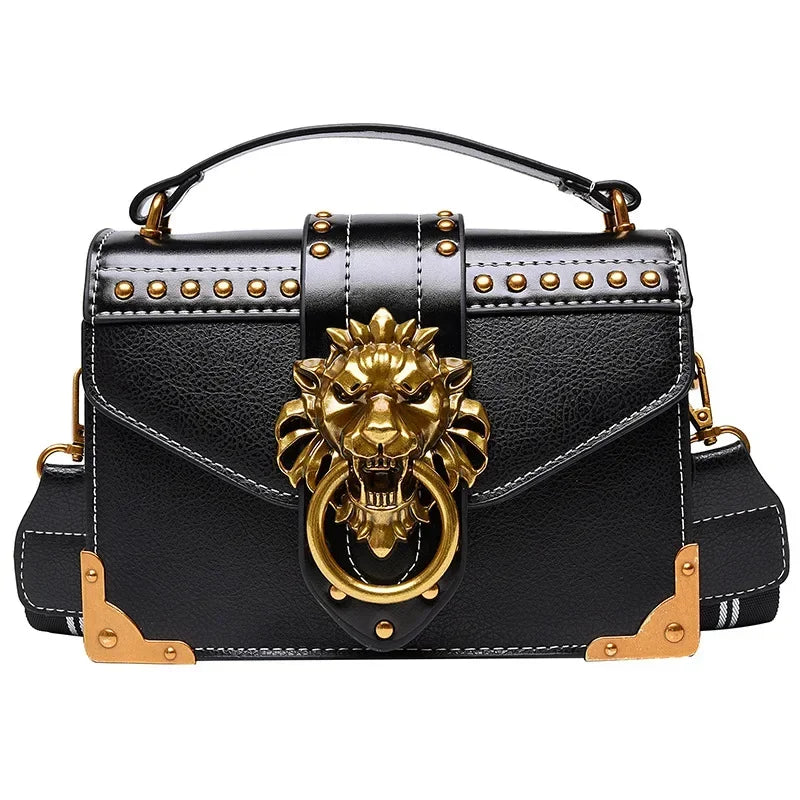 Retro Women's Fashion Handbag | Luxury Metal Lion Head Brand Shoulder Bag | Vintage Mini Square Storage Purse | Trendy Designer Messenger Bag (Model LMY1310) Luxegan