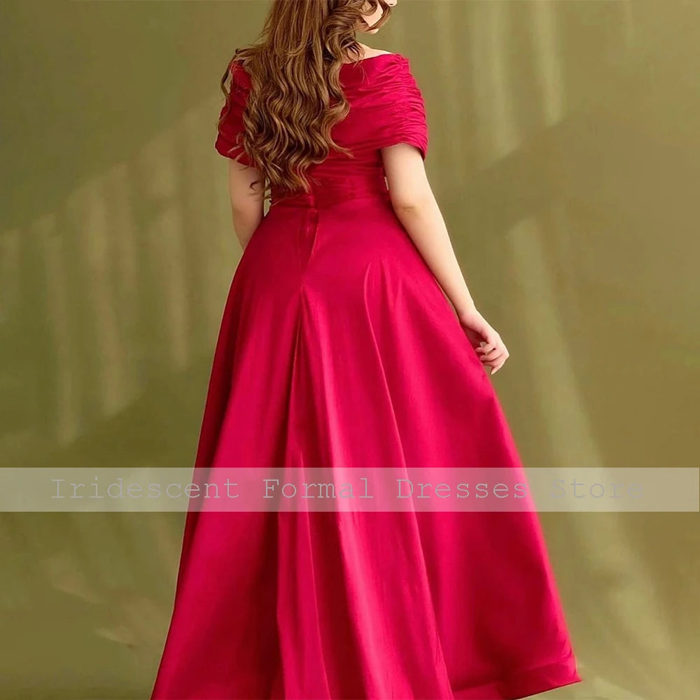 Elegant Red A-Line Formal Party Dress | Saudi Arabian Off-The-Shoulder Prom Gown | Premium Candy Color Taffeta Ankle-Length Evening Dress | Model 1005007952416057 Classic Sleeveless Pleated Gown Luxegan
