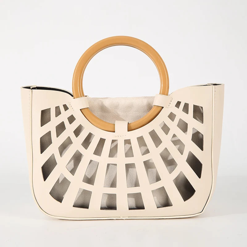 Hollow-Out PU Leather Tote Bag | Lightweight Square Handbag & Stylish Shopping Bag Luxegan