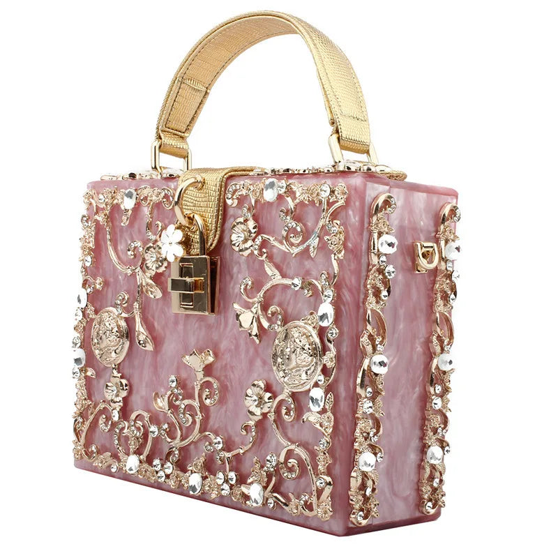 Designer Box Evening Bag | Luxury Diamond Flower Acrylic Clutch | Hollow Relief Banquet Party Purse with Organic Cotton Lining Luxegan