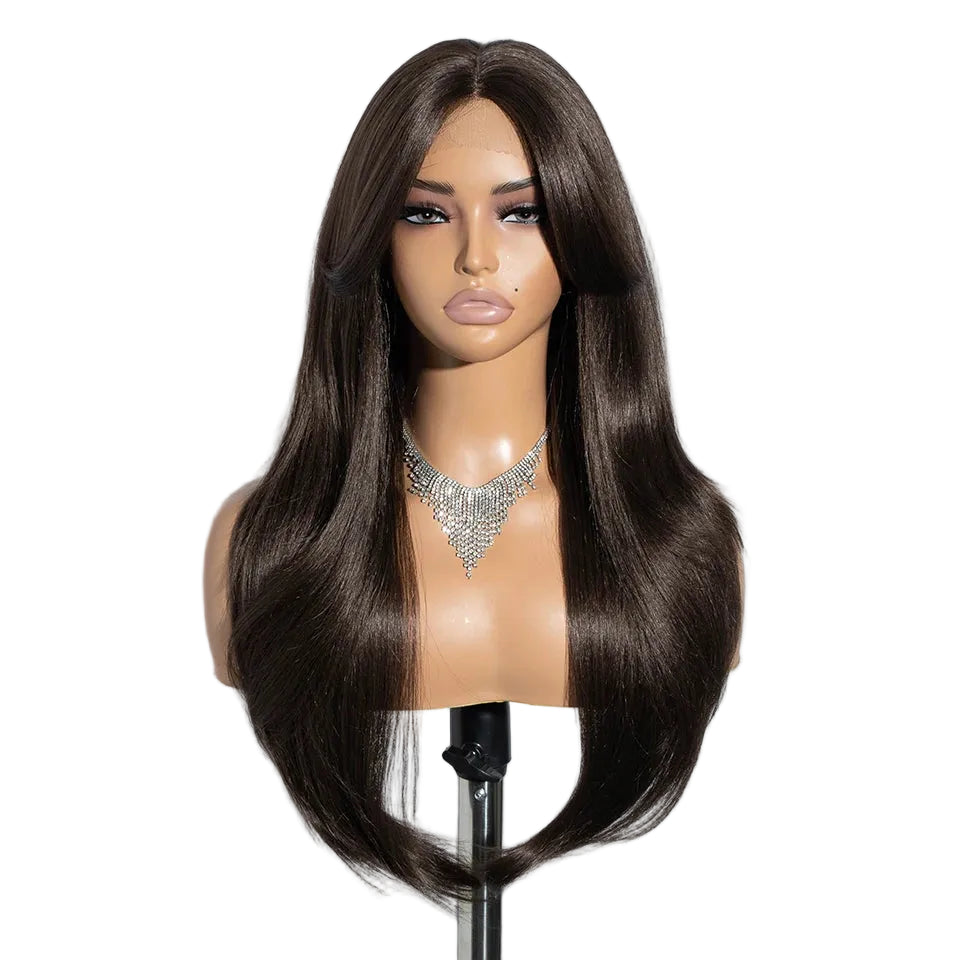 26-Inch Ombre Brown Highlight Blonde Synthetic Lace Front Wig with Bangs - Long Straight High Temperature Fiber Swiss Lace Wig - Transparent Lace Glueless Wig for Daily Use & Cosplay (197g) Luxegan